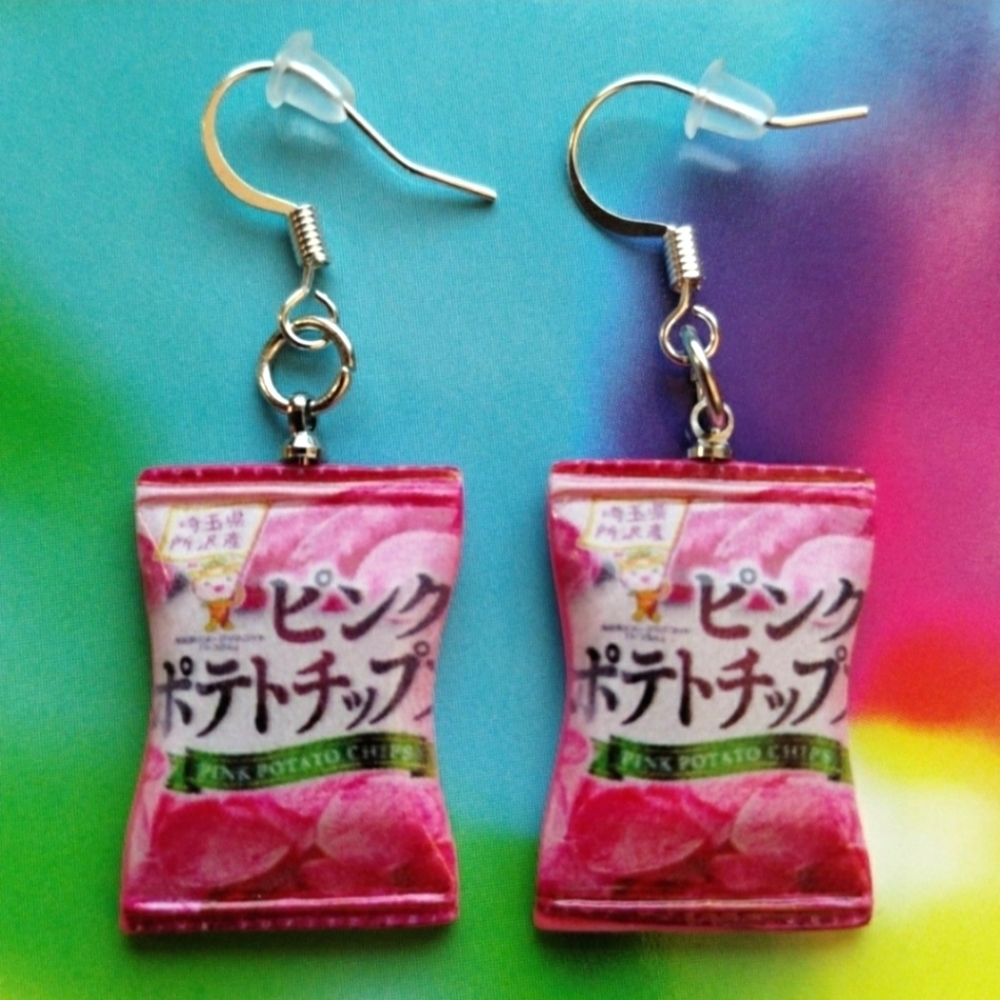 Handmade Kawaii Pink Potato Chip Bag Snack Earrings